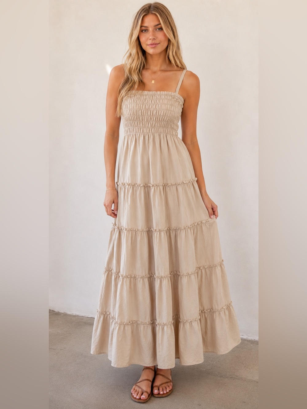 Zenana Outfitters Ruffle Spaghetti Strap Tan Dress Size Small Adjustable NWT